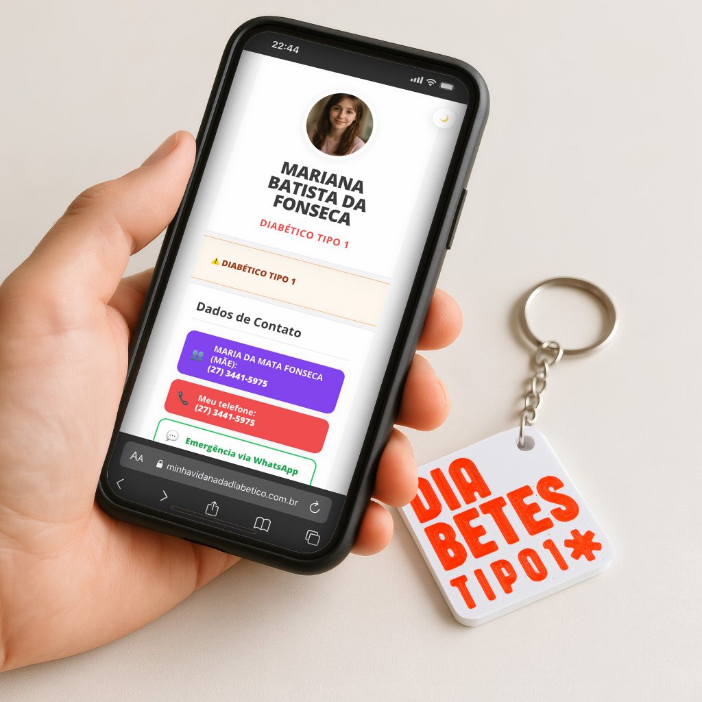 Chaveiro NFC ao lado de celular mostrando o perfil de emergência
